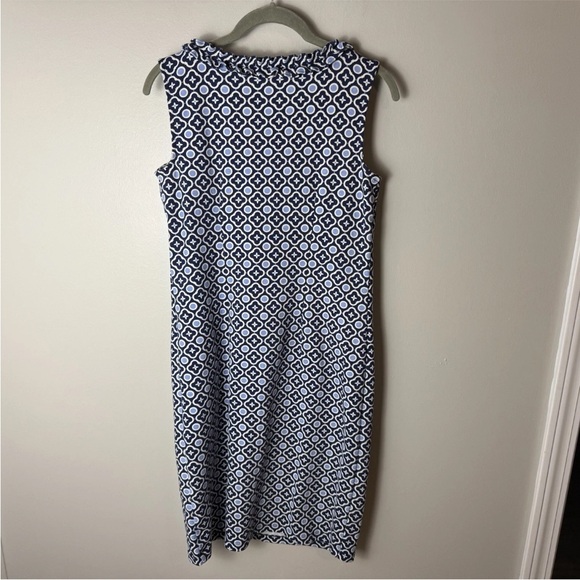 Talbots Navy Blue & White Sleeveless Sheath Dress Size Small Stretch Ruffle Neck - Picture 5 of 7